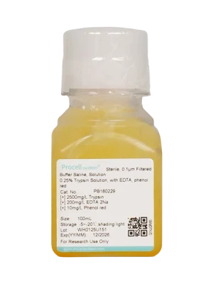 0.25% Trypsin Solution, with EDTA, phenol red, dissolved in PBS (100 mL)